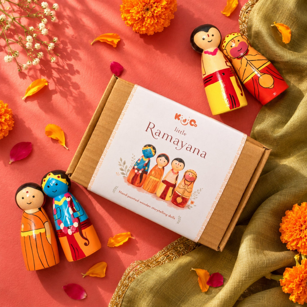 Little Ramayana: Hand-painted Wooden Peg Dolls Set for Kids