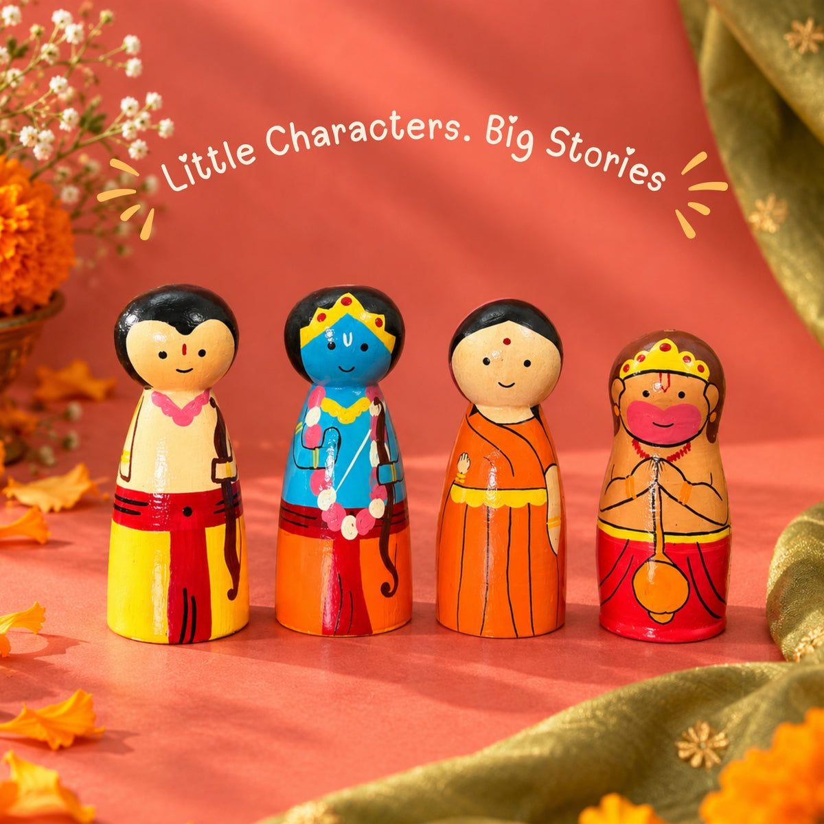 Little Ramayana: Hand-painted Wooden Peg Dolls Set for Kids