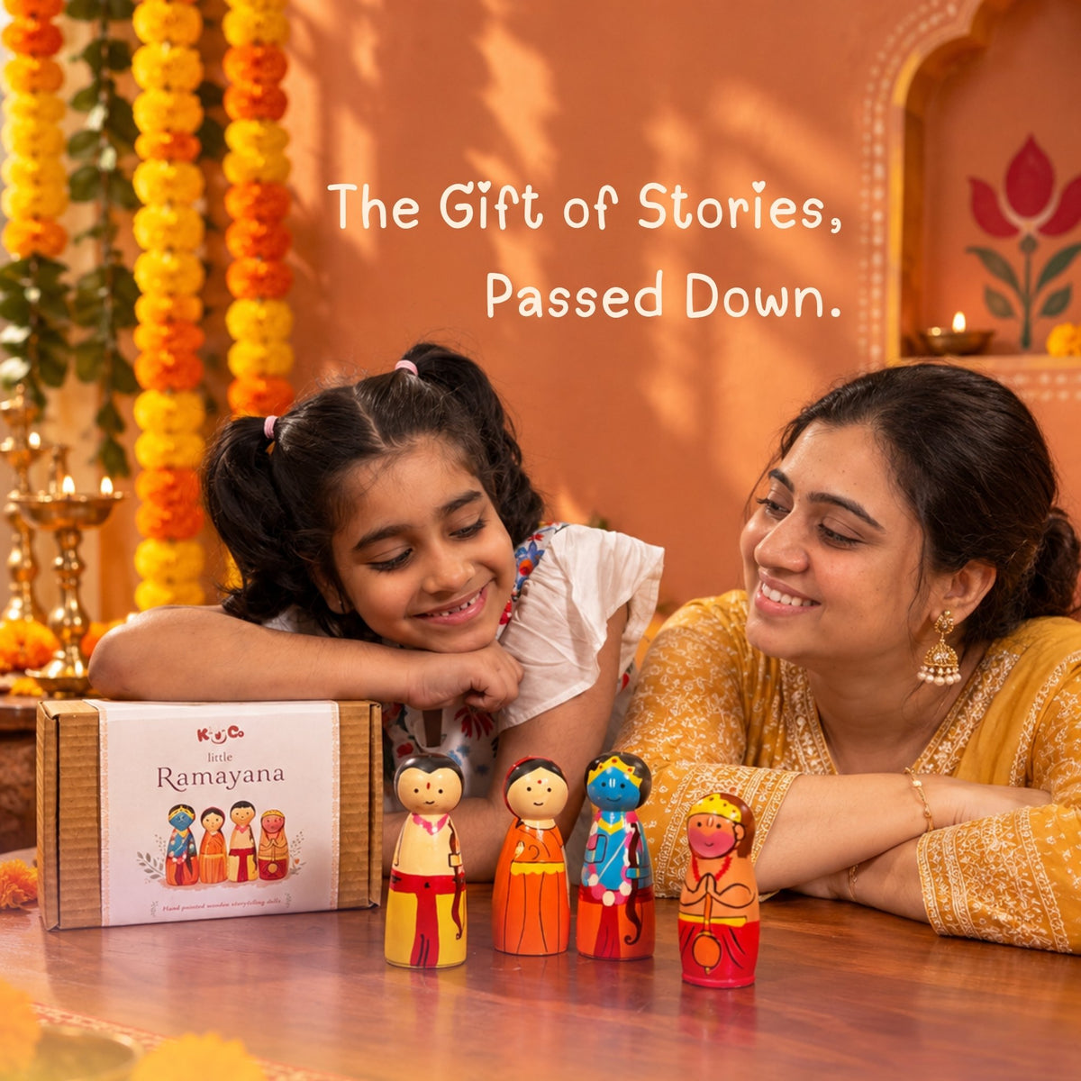 Little Ramayana: Hand-painted Wooden Peg Dolls Set for Kids