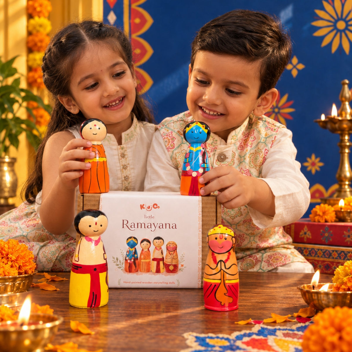 Little Ramayana: Hand-painted Wooden Peg Dolls Set for Kids